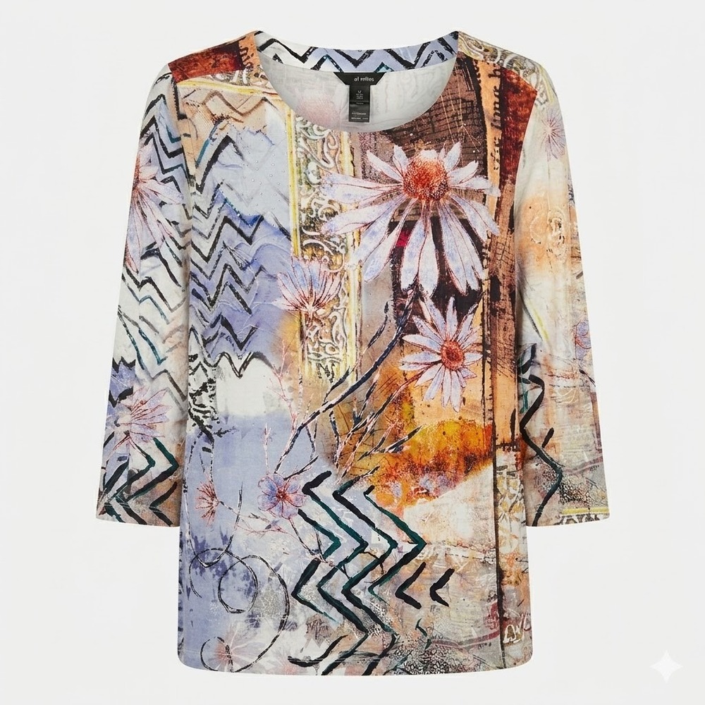 NEW Ali Miles Womens 1X Multicolor Floral Abstract Art Wear 3/4 Sleeve Tunic Top